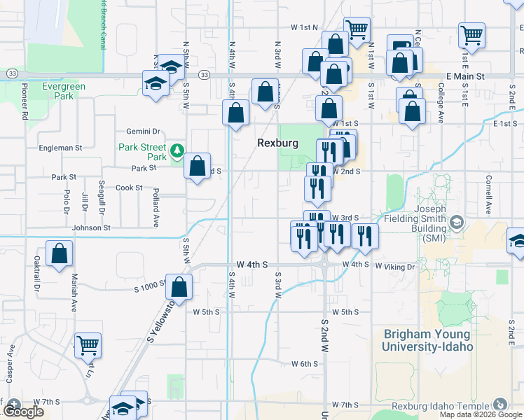 map of restaurants, bars, coffee shops, grocery stores, and more near 326 West 3rd South in Rexburg