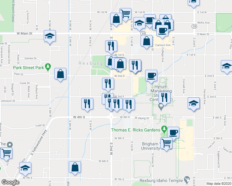 map of restaurants, bars, coffee shops, grocery stores, and more near 175 West 3rd South in Rexburg