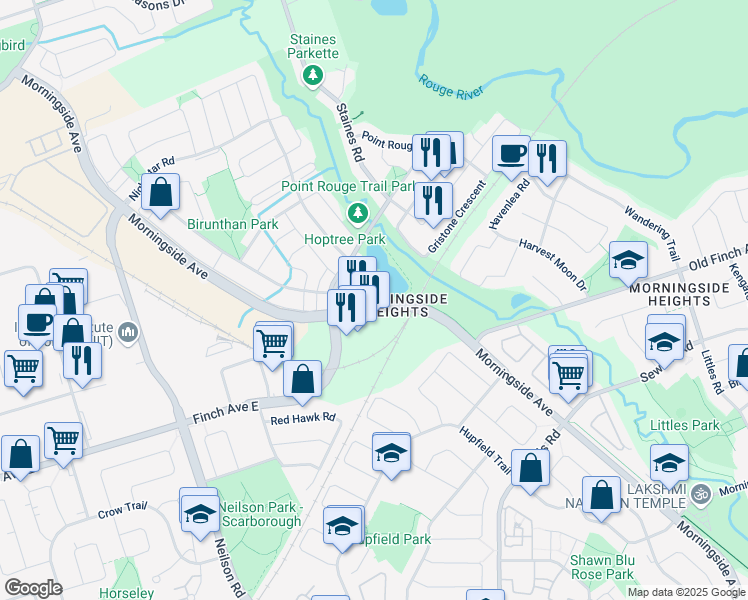 map of restaurants, bars, coffee shops, grocery stores, and more near 2133 Morningside Avenue in Toronto