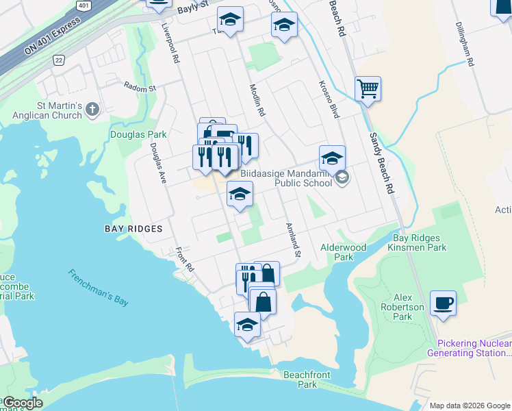 map of restaurants, bars, coffee shops, grocery stores, and more near 1355 Gull Crossing in Pickering
