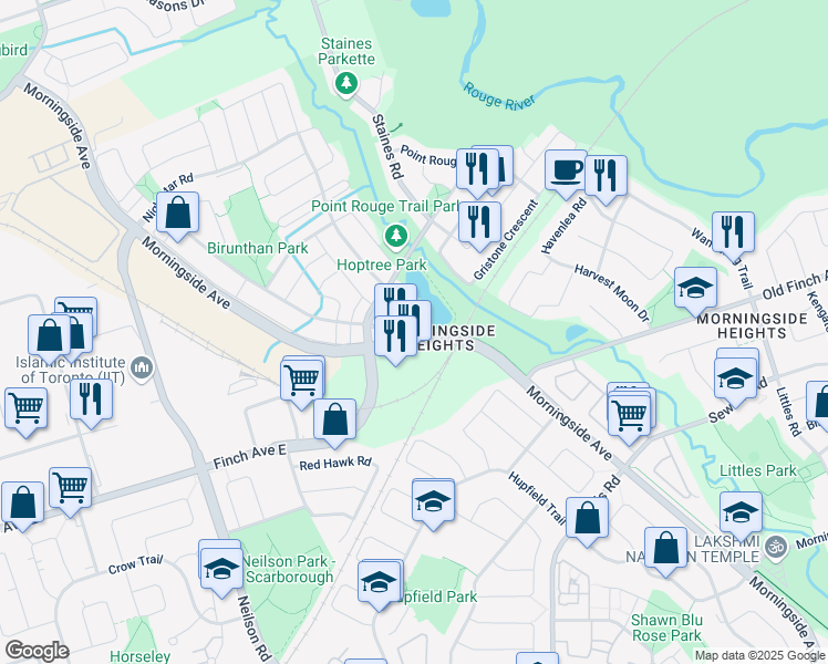 map of restaurants, bars, coffee shops, grocery stores, and more near 2133 Morningside Avenue in Toronto