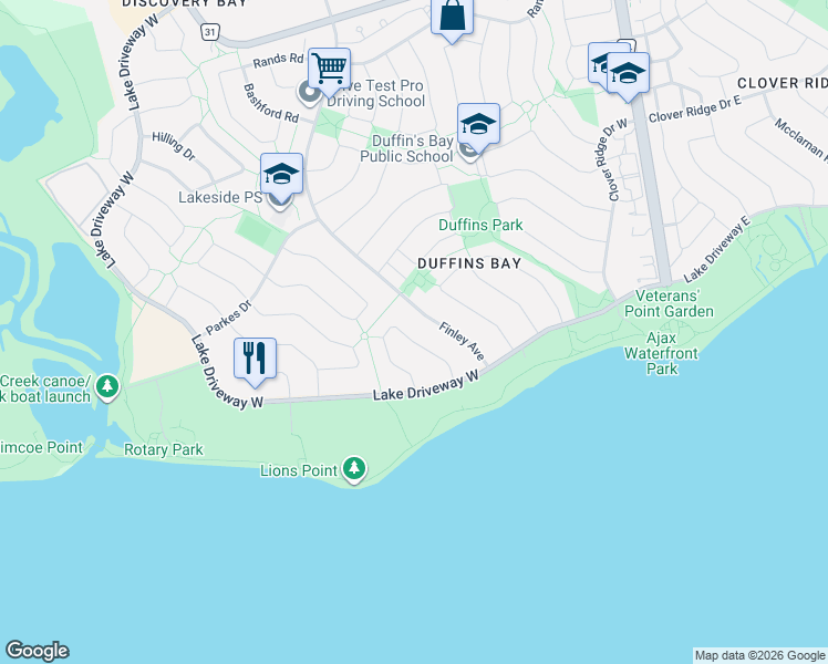 map of restaurants, bars, coffee shops, grocery stores, and more near 20 Love Crescent in Ajax