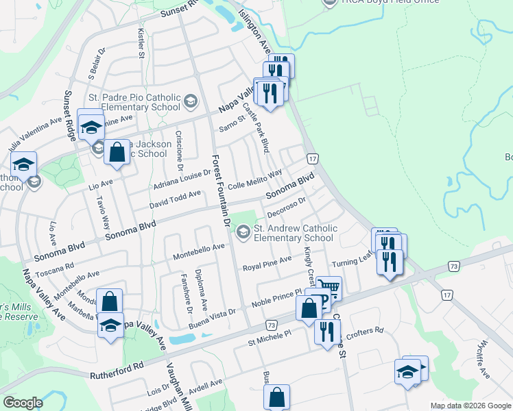 map of restaurants, bars, coffee shops, grocery stores, and more near 113 Sonoma Boulevard in Vaughan