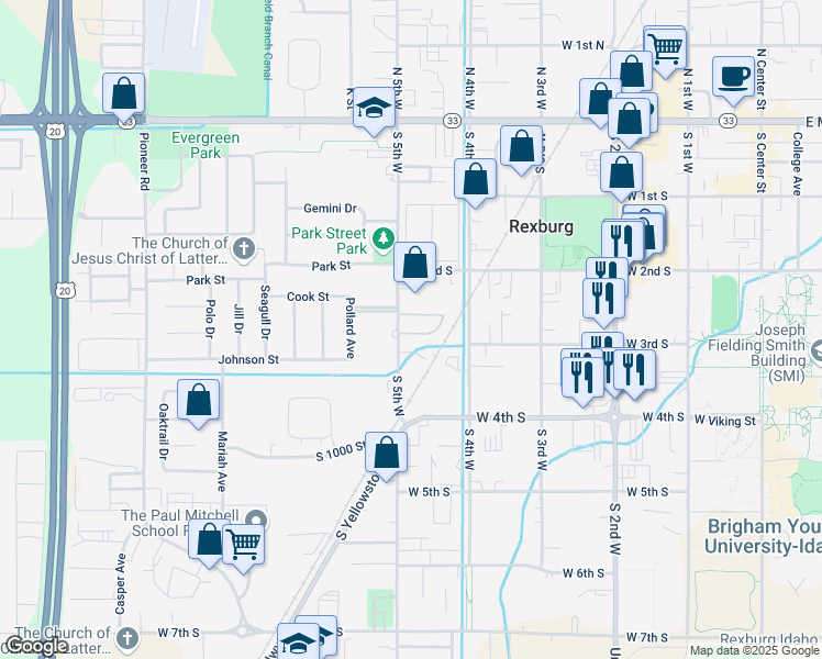 map of restaurants, bars, coffee shops, grocery stores, and more near 309 South 5th West in Rexburg