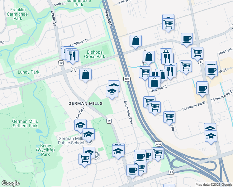 map of restaurants, bars, coffee shops, grocery stores, and more near in Markham
