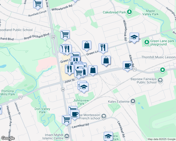map of restaurants, bars, coffee shops, grocery stores, and more near 89 Bowman Way in Markham