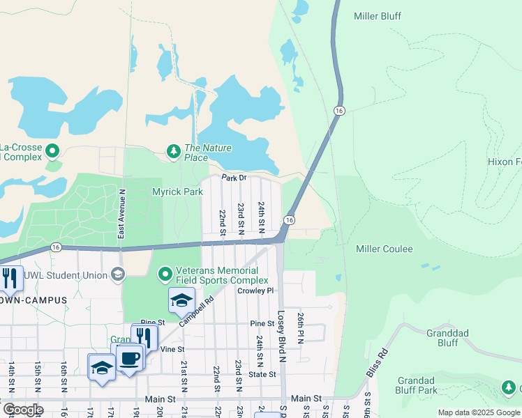 map of restaurants, bars, coffee shops, grocery stores, and more near 729 24th Street North in La Crosse