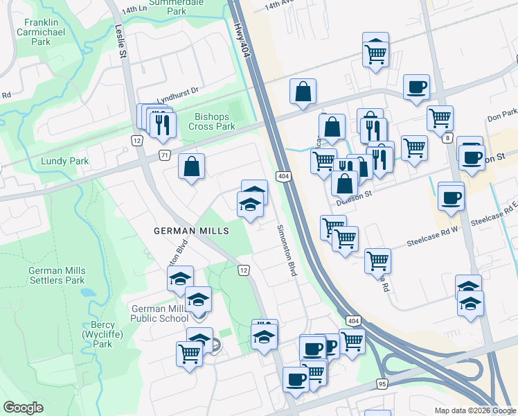 map of restaurants, bars, coffee shops, grocery stores, and more near 36 Flowervale Road in Markham