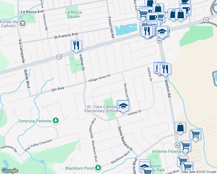 map of restaurants, bars, coffee shops, grocery stores, and more near 53 Cartwright Boulevard in Vaughan