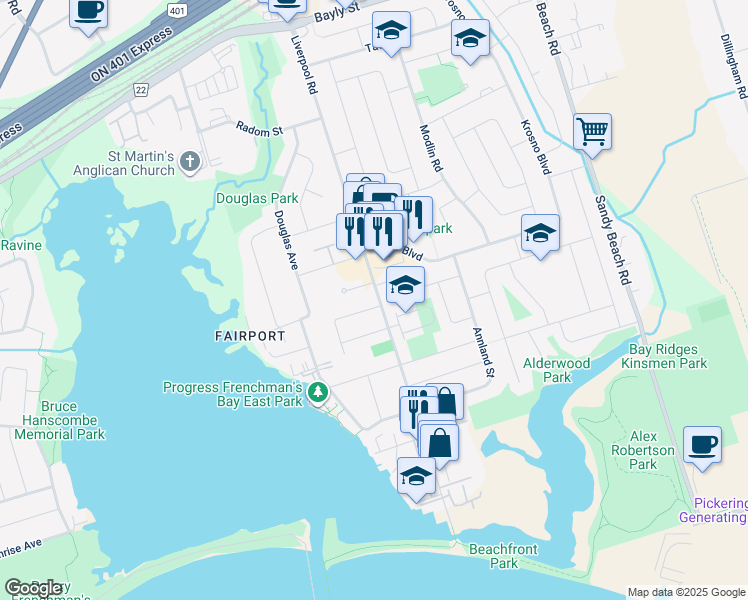 map of restaurants, bars, coffee shops, grocery stores, and more near 1298 Ilona Park Road in Pickering