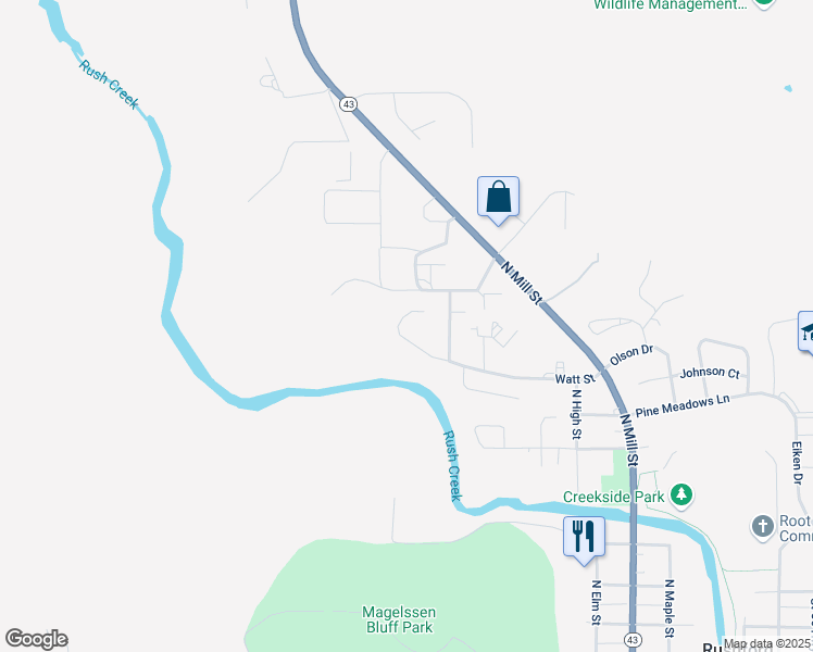 map of restaurants, bars, coffee shops, grocery stores, and more near 1108 Scenic View Court in Rushford