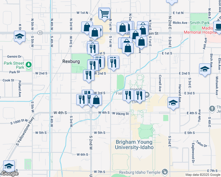 map of restaurants, bars, coffee shops, grocery stores, and more near 270 South 1st West in Rexburg