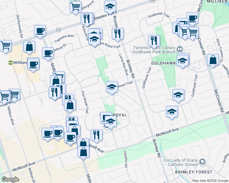 map of restaurants, bars, coffee shops, grocery stores, and more near Port Royal Trail in Toronto