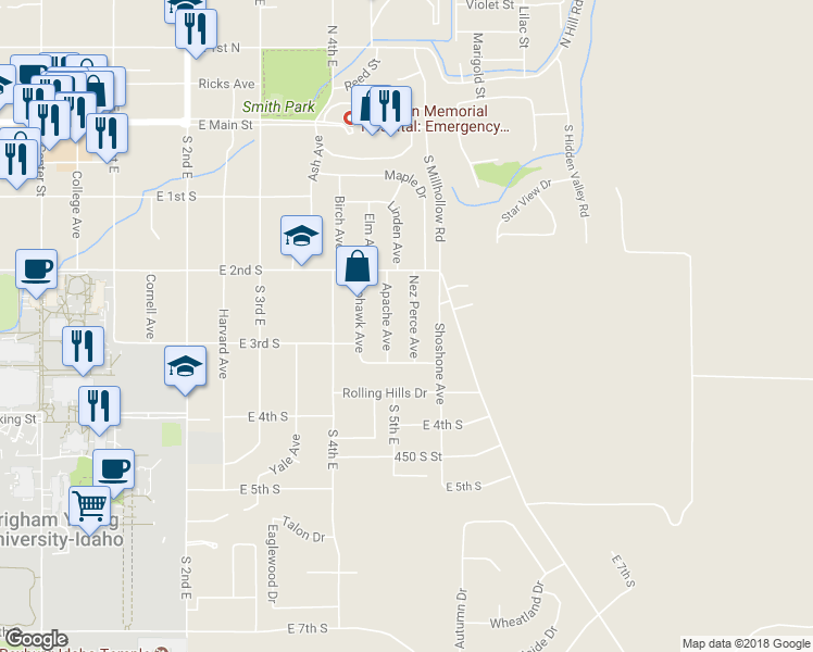map of restaurants, bars, coffee shops, grocery stores, and more near 266 Nez Perce Avenue in Rexburg