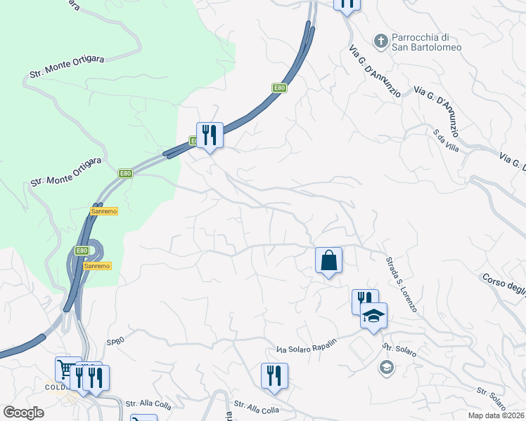 map of restaurants, bars, coffee shops, grocery stores, and more near 21 Strada Mulattiera San Lorenzo in Sanremo