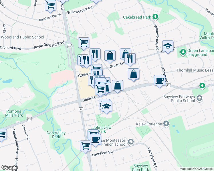 map of restaurants, bars, coffee shops, grocery stores, and more near in Markham