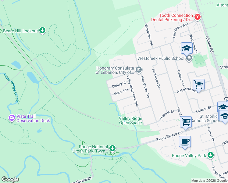 map of restaurants, bars, coffee shops, grocery stores, and more near 104 Secord Street in Pickering