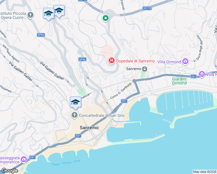 map of restaurants, bars, coffee shops, grocery stores, and more near 46 Via Alessandro Volta in Sanremo