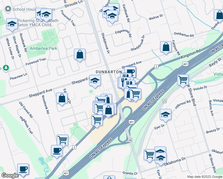map of restaurants, bars, coffee shops, grocery stores, and more near 1460 Whites Road North in Pickering