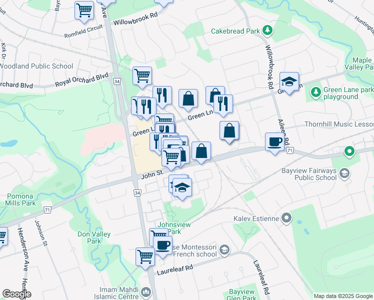 map of restaurants, bars, coffee shops, grocery stores, and more near 312 John Street in Markham