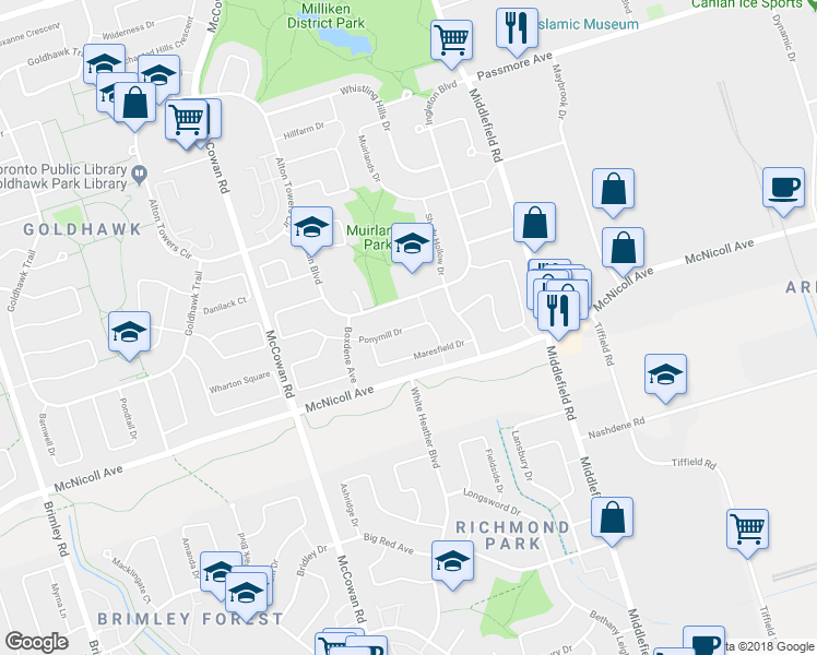 map of restaurants, bars, coffee shops, grocery stores, and more near 34 Ponymill Drive in Toronto