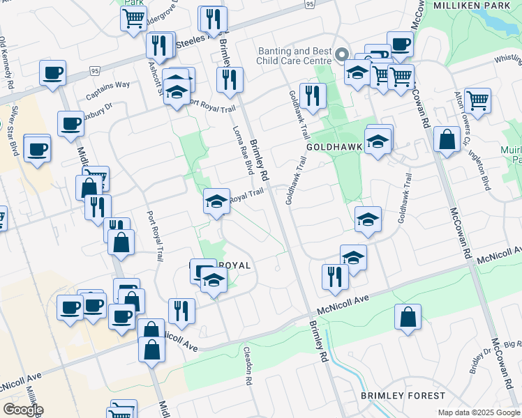 map of restaurants, bars, coffee shops, grocery stores, and more near 107 Moorehouse Drive in Toronto