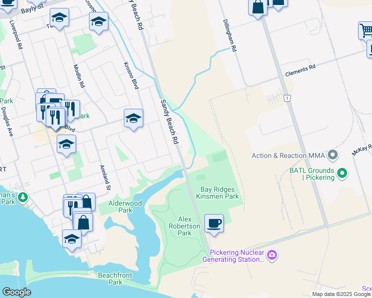 map of restaurants, bars, coffee shops, grocery stores, and more near 1549 Willowside Court in Pickering