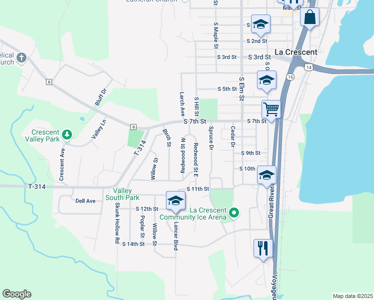 map of restaurants, bars, coffee shops, grocery stores, and more near 806 Redwood Street in La Crescent