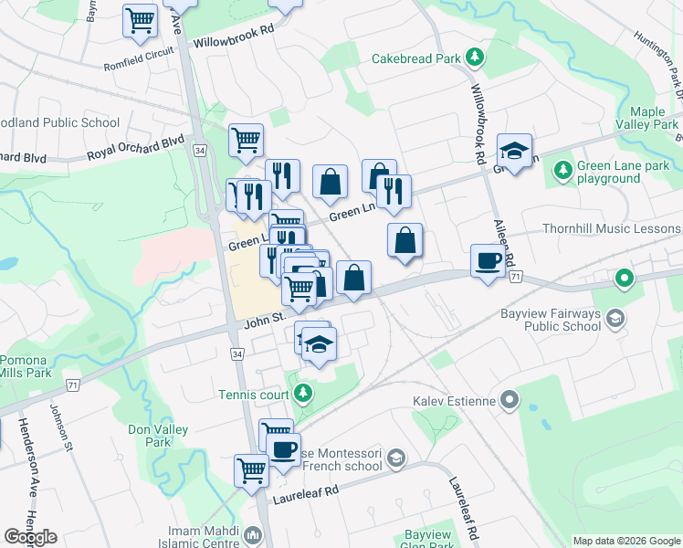 map of restaurants, bars, coffee shops, grocery stores, and more near in Markham