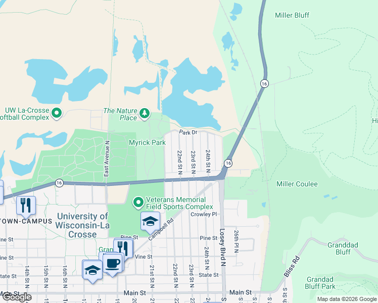map of restaurants, bars, coffee shops, grocery stores, and more near 776 22nd Street North in La Crosse