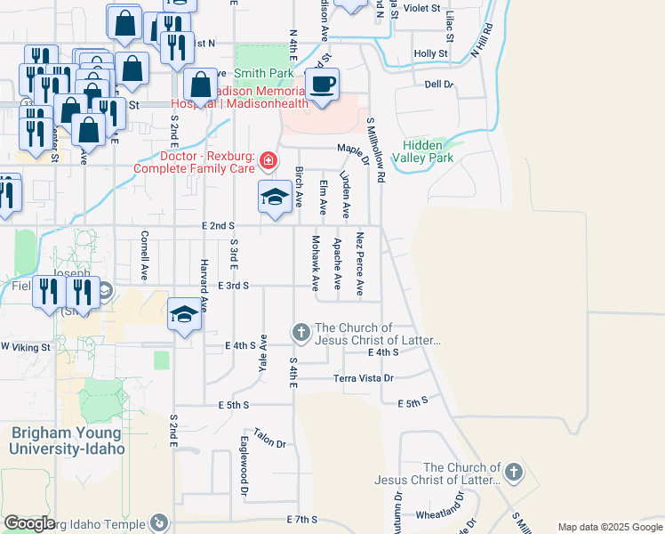 map of restaurants, bars, coffee shops, grocery stores, and more near 260 Apache Avenue in Rexburg