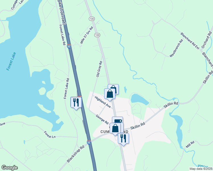 map of restaurants, bars, coffee shops, grocery stores, and more near 222 New Gray Road in Cumberland