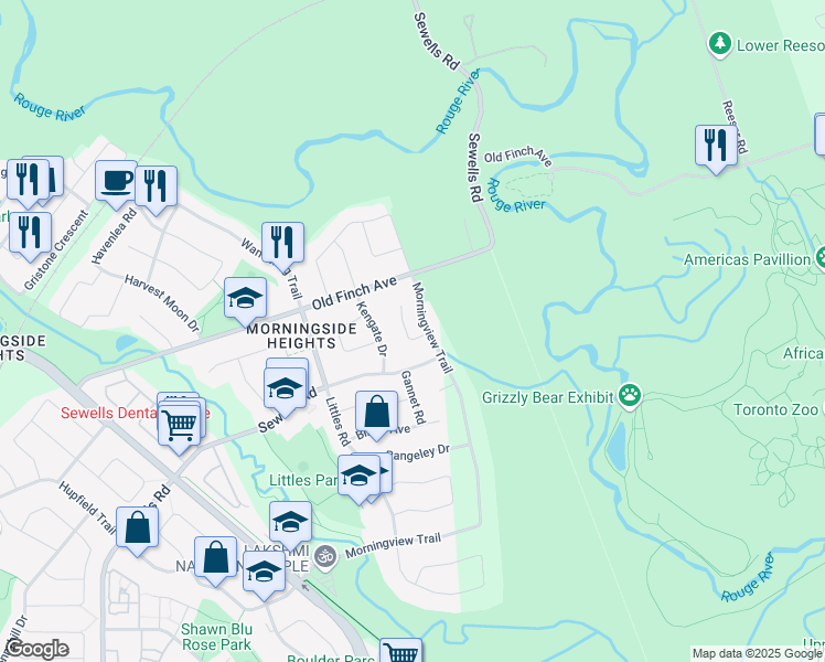 map of restaurants, bars, coffee shops, grocery stores, and more near 6 Whiteway Court in Toronto
