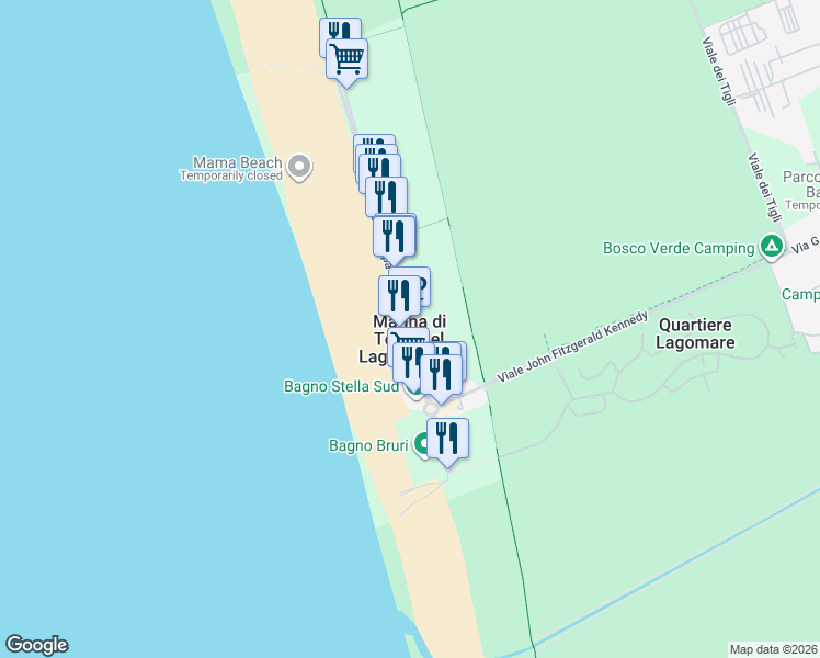 map of restaurants, bars, coffee shops, grocery stores, and more near 37 Viale Europa in Marina di Torre del Lago Puccini
