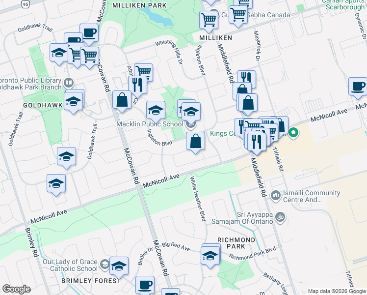 map of restaurants, bars, coffee shops, grocery stores, and more near 26 Ponymill Drive in Toronto