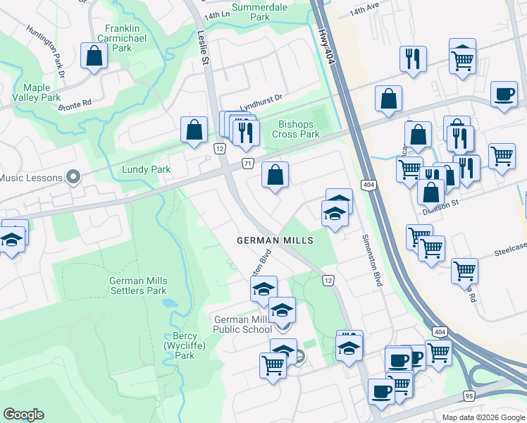 map of restaurants, bars, coffee shops, grocery stores, and more near 28 Snowshoe Crescent in Markham