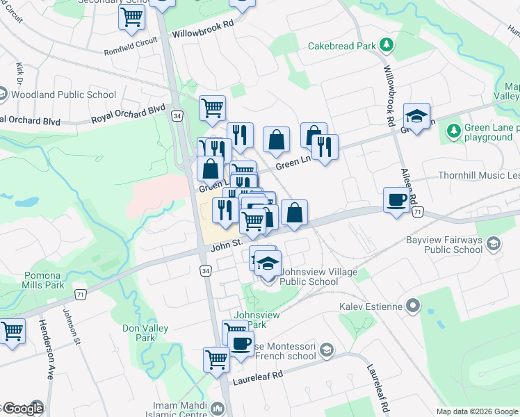 map of restaurants, bars, coffee shops, grocery stores, and more near 308 John Street in Markham