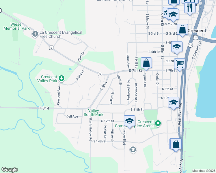 map of restaurants, bars, coffee shops, grocery stores, and more near 724 Juniper Street in La Crescent