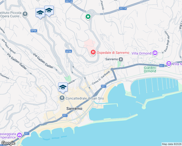 map of restaurants, bars, coffee shops, grocery stores, and more near 69 Via Alessandro Volta in Sanremo