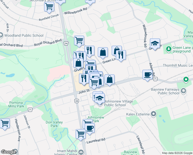map of restaurants, bars, coffee shops, grocery stores, and more near 310 John Street in Markham