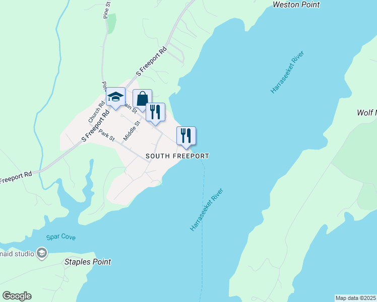 map of restaurants, bars, coffee shops, grocery stores, and more near 32 Main Street in Freeport