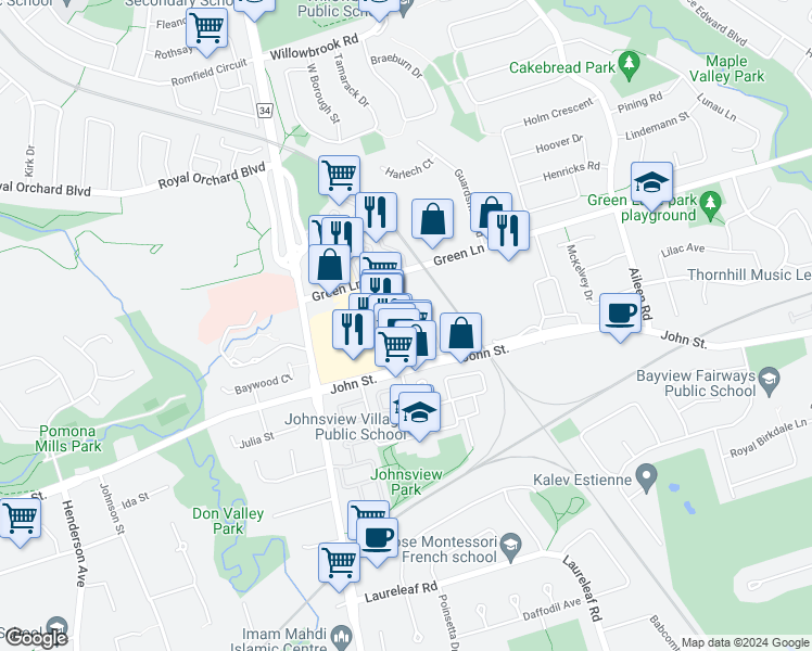 map of restaurants, bars, coffee shops, grocery stores, and more near in Markham