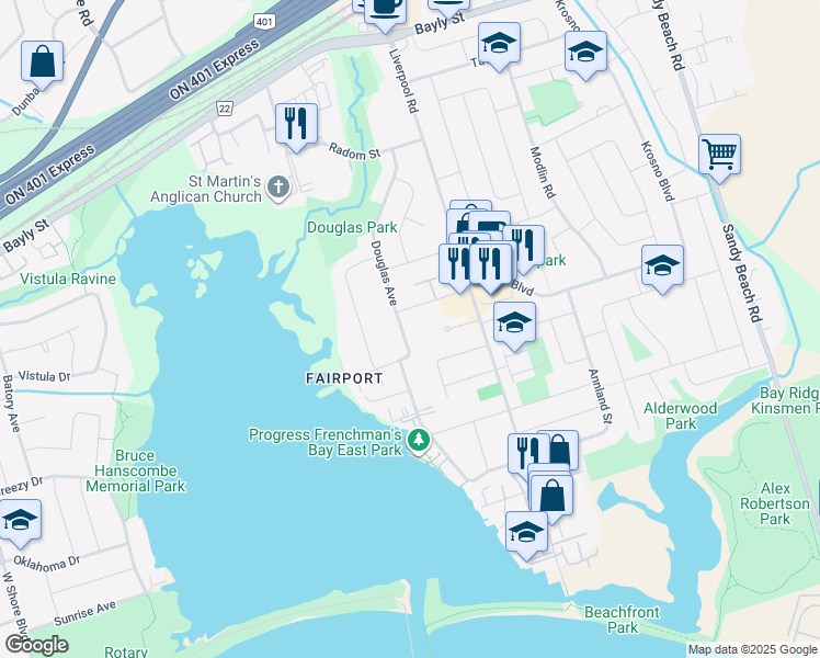 map of restaurants, bars, coffee shops, grocery stores, and more near 815 Douglas Avenue in Pickering