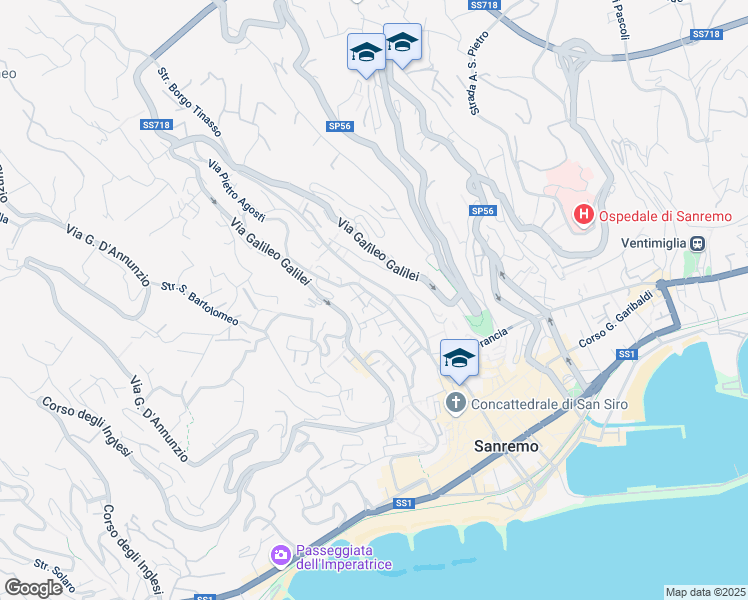 map of restaurants, bars, coffee shops, grocery stores, and more near 174 Via Pietro Agosti in Sanremo