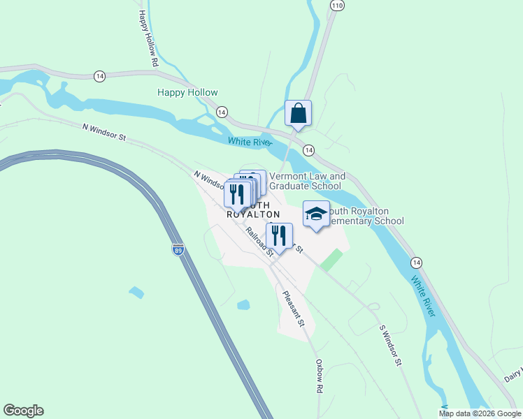 map of restaurants, bars, coffee shops, grocery stores, and more near 159 Chelsea Street in Royalton