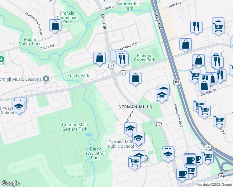 map of restaurants, bars, coffee shops, grocery stores, and more near 41 Donnamora Crescent in Markham
