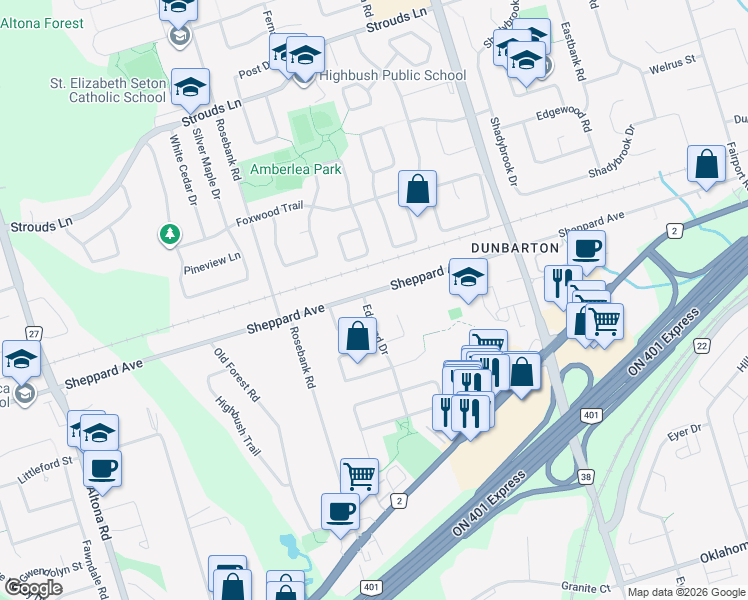 map of restaurants, bars, coffee shops, grocery stores, and more near 573 Sheppard Avenue in Pickering