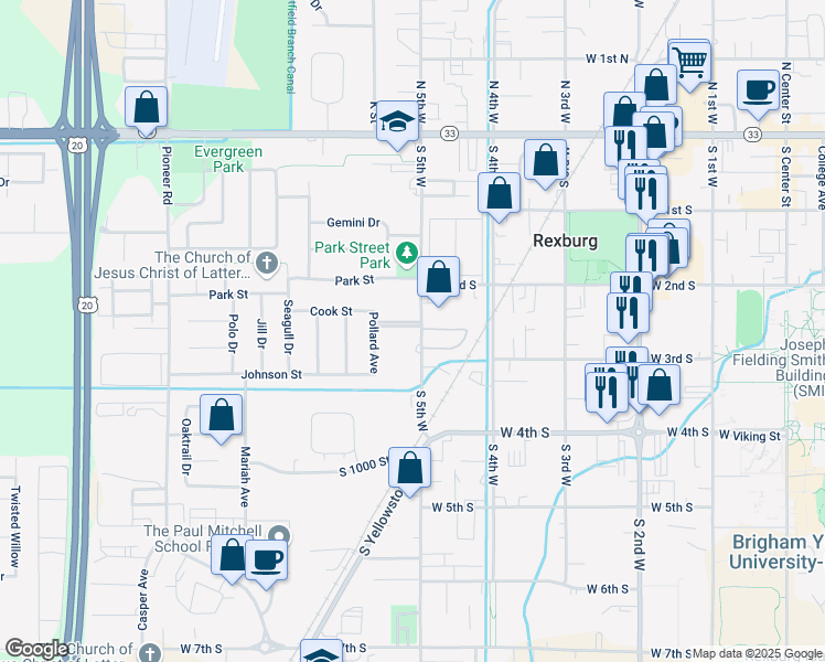 map of restaurants, bars, coffee shops, grocery stores, and more near 229-257 South 5th West in Rexburg