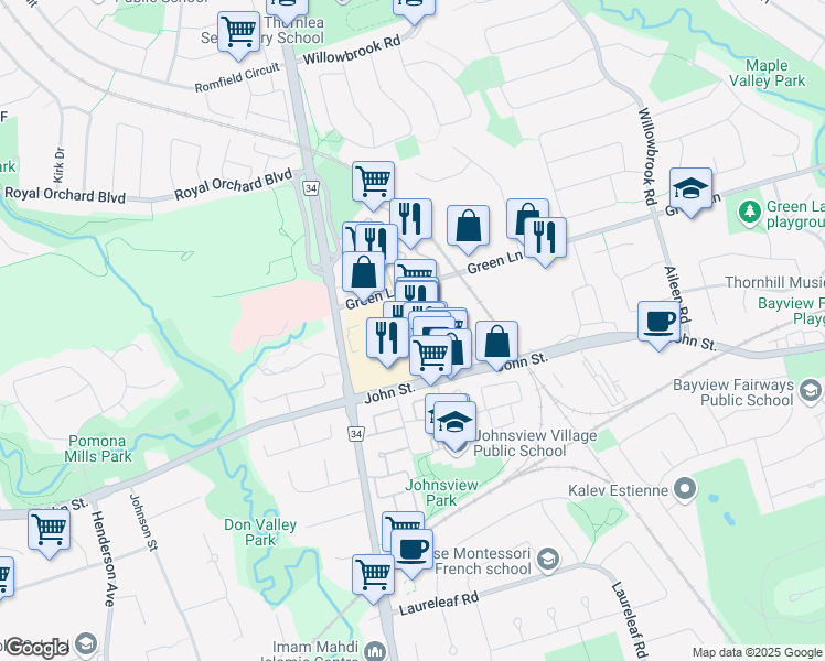 map of restaurants, bars, coffee shops, grocery stores, and more near in Markham