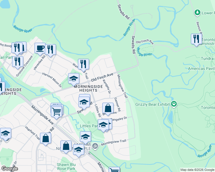 map of restaurants, bars, coffee shops, grocery stores, and more near Kengate Drive in Toronto